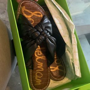 Black leather slides worn one time